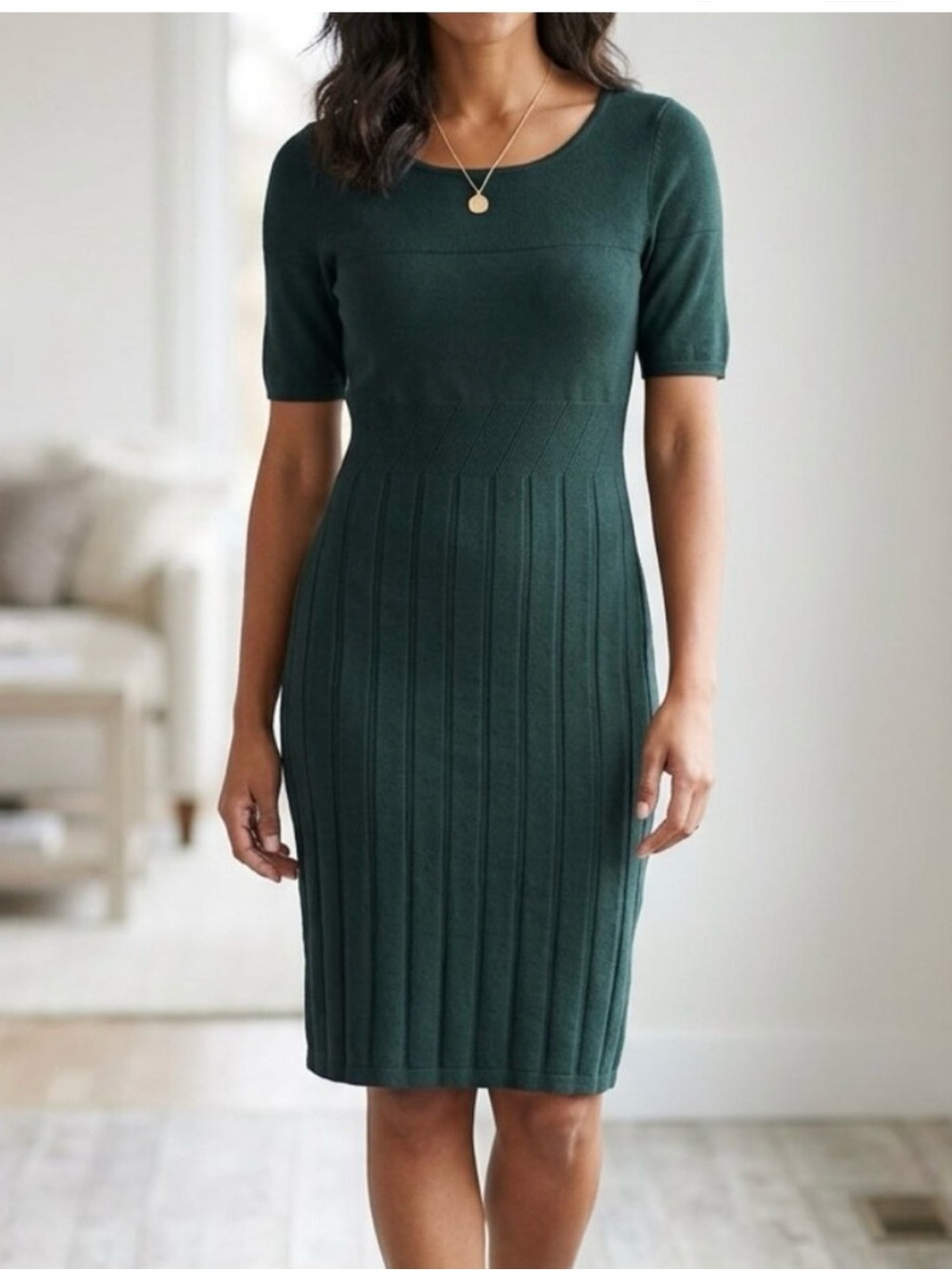 Ann Taylor Dark Green Ribbed Midi Dress